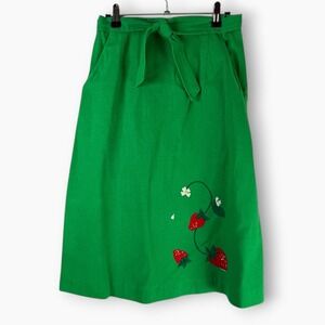 Vintage Malia Honolulu Green Cotton Red Strawberry Wrap Skirt Pockets Sz 8 Belt